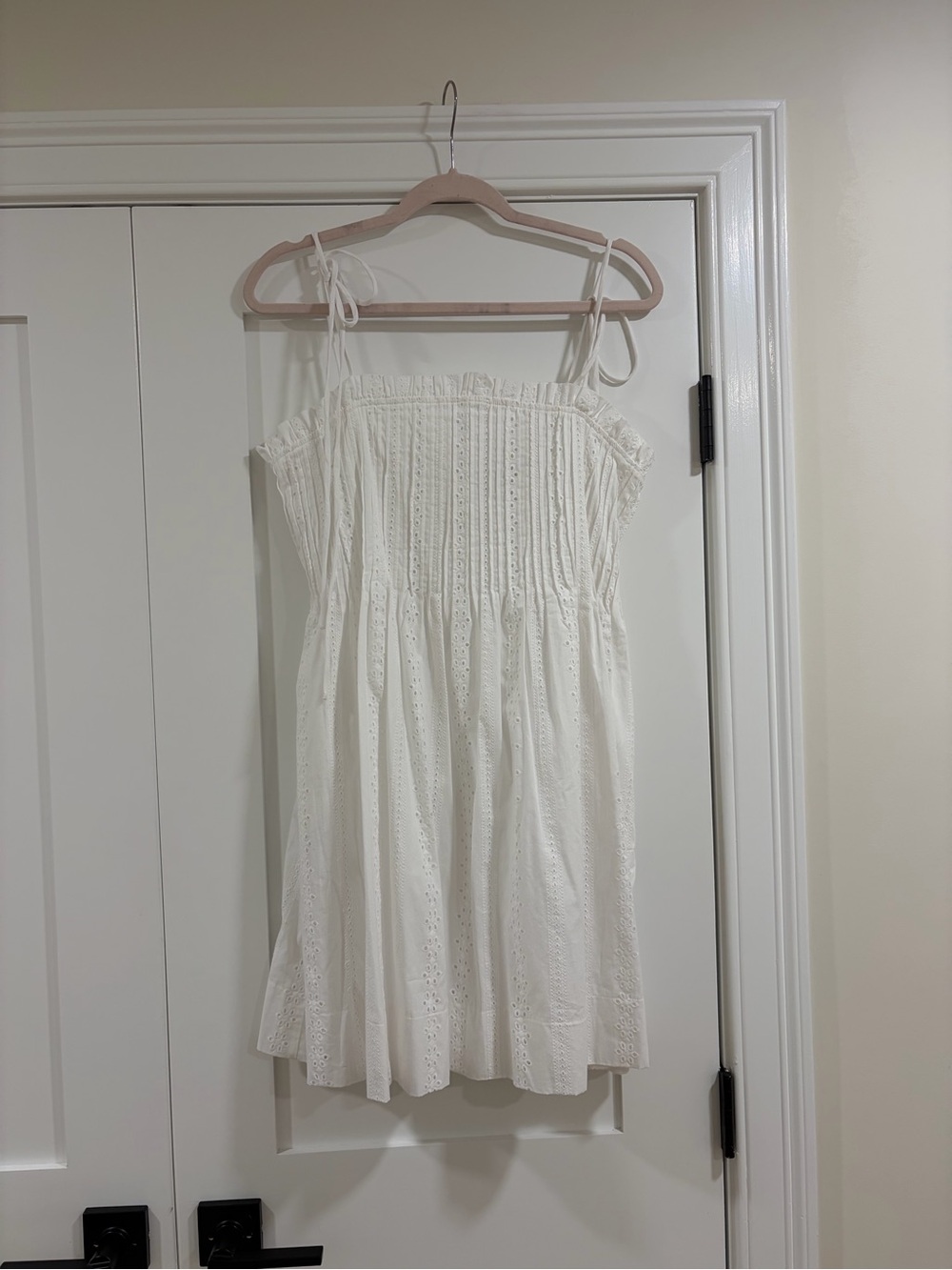 Smocked White Eyelet Mini Dress with Tie Straps
